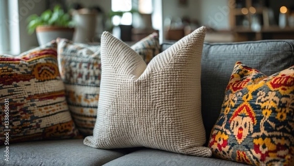 Fototapeta Stylish throw pillows in warm hues arranged on a gray sofa with textured knit and patterned fabrics creating a cozy living space atmosphere.