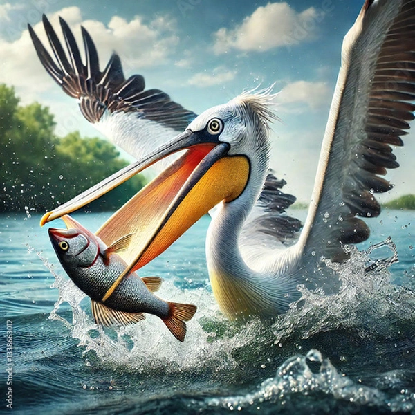 Obraz 魚を襲うペリカン[GenerativeAI]