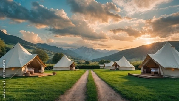 Fototapeta Glamping tents in a serene landscape at sunset with mountains in the background, green grass, and a winding path leading to the horizon.
