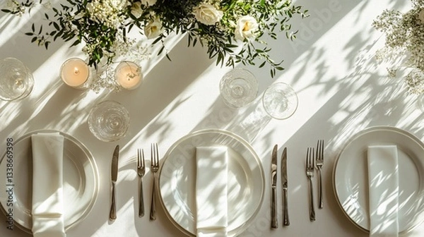 Fototapeta Elegant white table setting with floral arrangements and soft shadows