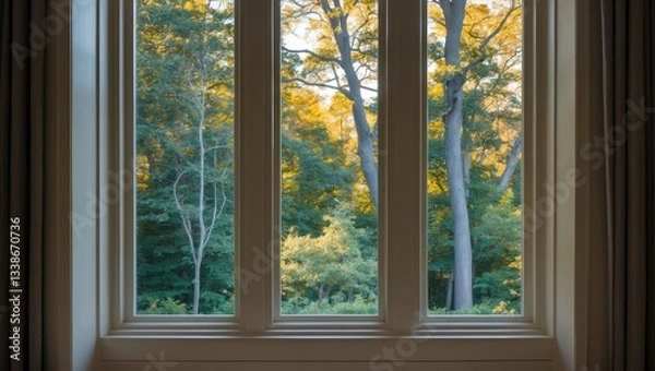 Fototapeta Bright vertical window framed in white, revealing lush green trees and golden autumn leaves outside, set against a soft, neutral background.