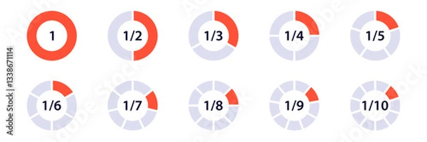 Obraz diagrams showing fractions from half to tenth with highlighted segments in attractive style.