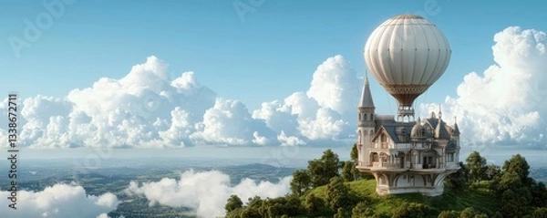Fototapeta A whimsical hot air balloon above a castle-like structure, surrounded by lush greenery and fluffy clouds, evoking a sense of adventure and fantasy.
