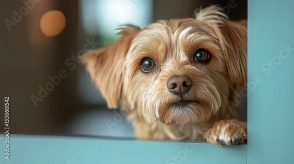 Fototapeta A cute, fluffy dog peeks through a rustic window, showcasing its expressive eyes and playful character, capturing a moment of curiosity and innocence in a cozy setting.