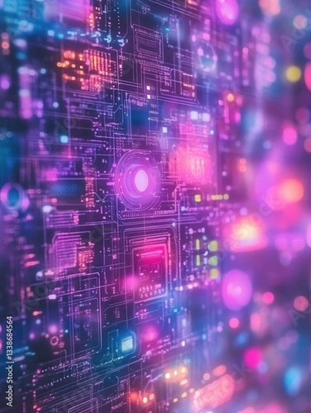 Fototapeta Futuristic circuit board design with vibrant neon lights illuminating complex digital pathways and abstract data flow for modern technology