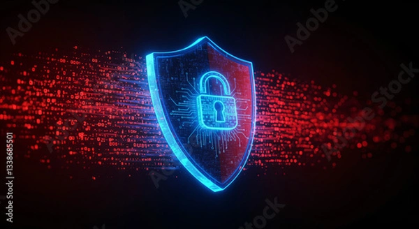 Fototapeta Cybersecurity shield with AI iconography: glowing lock protected by binary code streams, red vs. blue contrast, dynamic angles for posters or cybersecurity campaigns