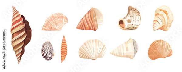 Fototapeta Collection of colorful sea shells: varied shapes and textures on white background.