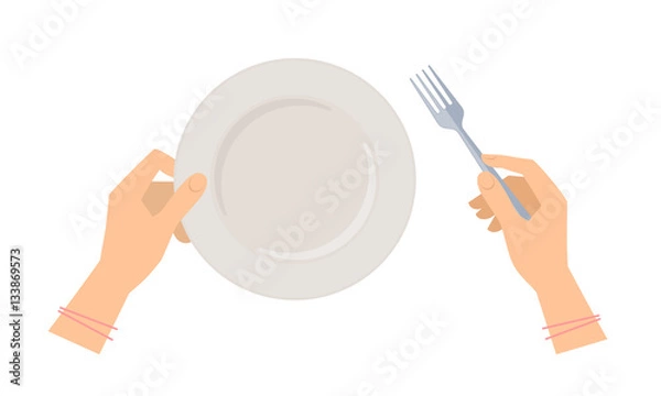 Obraz Kobiece dłonie ze stalowym widelcem i pustą płytą ceramiczną. Ilustracja koncepcja płaska naczynia kuchenne i restauracja. Elementy wektorowe do projektowania stron internetowych, sieci społecznościowych i infografiki żywności.