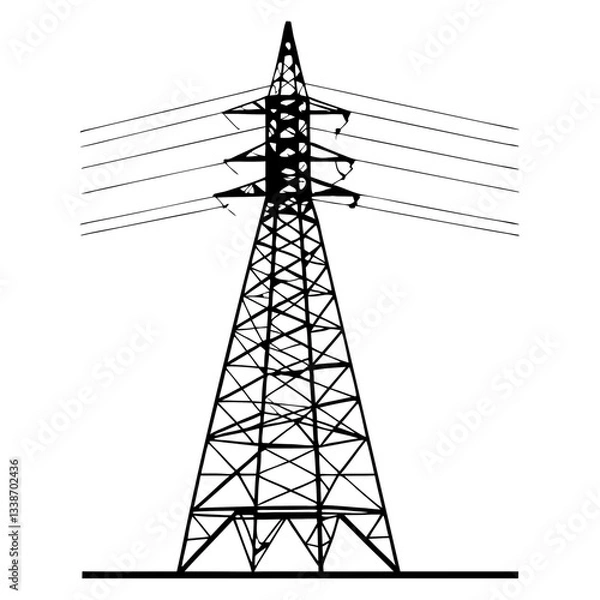 Fototapeta A towering steel pylon carries high-voltage power lines against a vibrant sunset sky