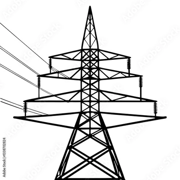 Fototapeta A towering steel pylon carries high-voltage power lines against a vibrant sunset sky
