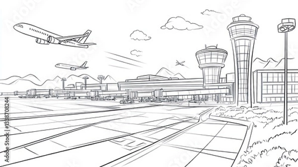 Fototapeta Airport sketch with planes and control tower