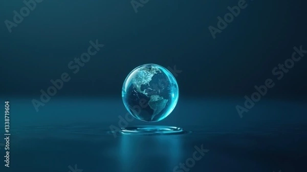 Fototapeta Crystal Clear Globe on Water Surface Reflecting Earth Features with Soft Blue Background and Light Glow Effects Illustrating Global Awareness and Oceanic Themes