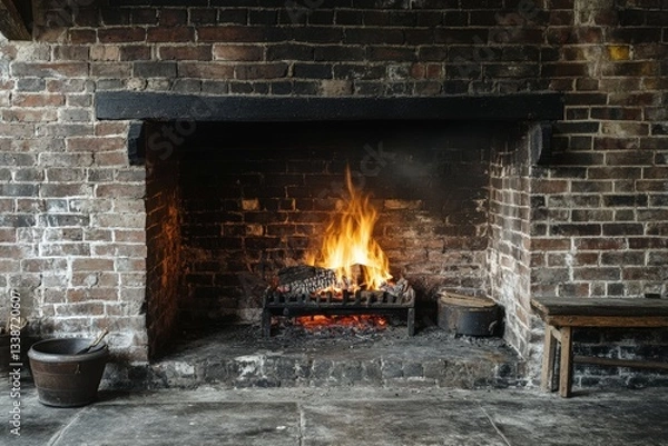 Fototapeta Cozy evening by the large brick fireplace with roaring flames creating a warm atmosphere Generative AI