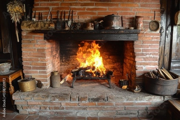 Fototapeta Cozy large brick fireplace with roaring flames creating warmth in a rustic setting Generative AI