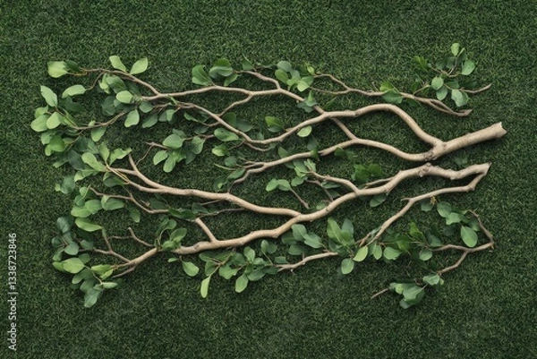 Fototapeta Freshly cut tree branches with vibrant green leaves resting on grass Generative AI