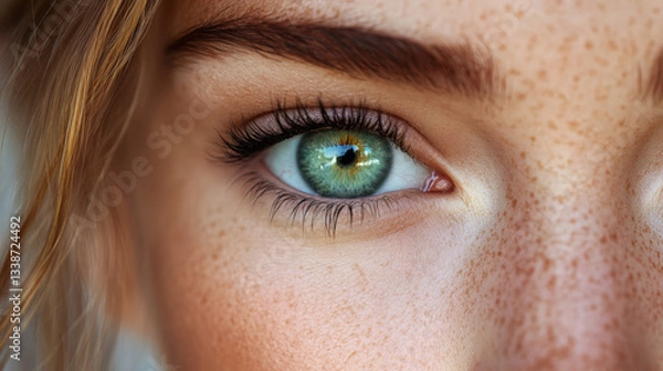 Fototapeta close up of person eye with striking green color, surrounded by freckles and detailed skin texture, showcasing natural beauty