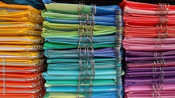 Fototapeta Colorful spiral notebooks stacked, bookstore display, education