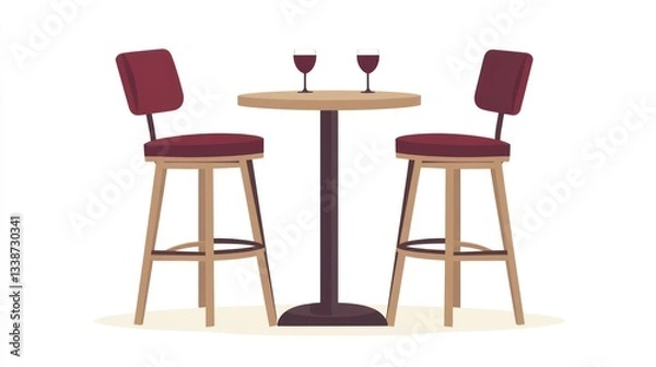 Fototapeta Two bar stools, small table, wine glasses - interior illustration