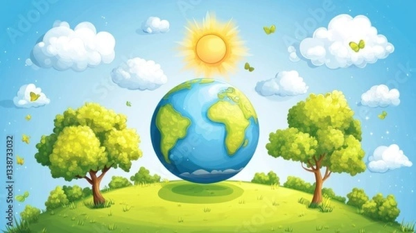 Fototapeta Earth on a hill, sunny day, trees, butterflies