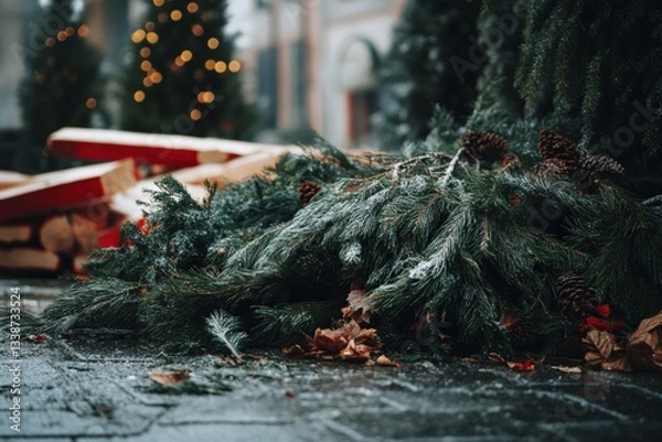 Fototapeta Freshly cut branches and leaves lie on the ground near a festive area with holiday decorations Generative AI