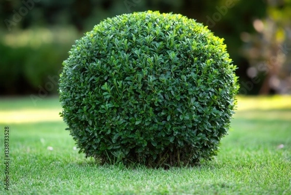Fototapeta Neatly trimmed spherical bush in a well maintained landscaped garden during sunny daylight Generative AI
