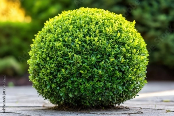Fototapeta Neatly trimmed spherical bush adds charm to landscaped garden area in sunlight Generative AI