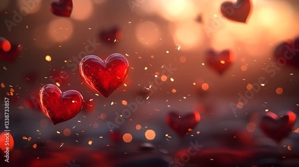 Fototapeta Romantic Floating Hearts with Glowing Golden Bokeh Background