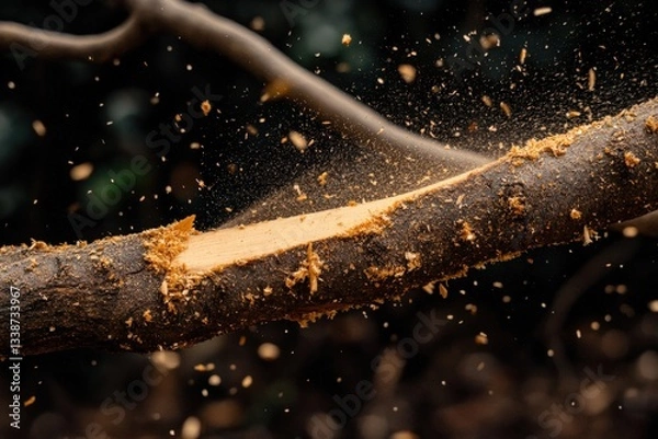 Fototapeta Fine tooth saw cuts through tree branch, creating wood shavings in a natural setting Generative AI