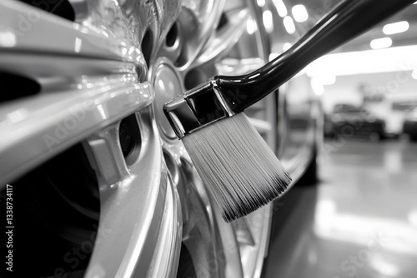 Fototapeta Detailing brush cleans fine grooves on car wheel in auto service center environment Generative AI