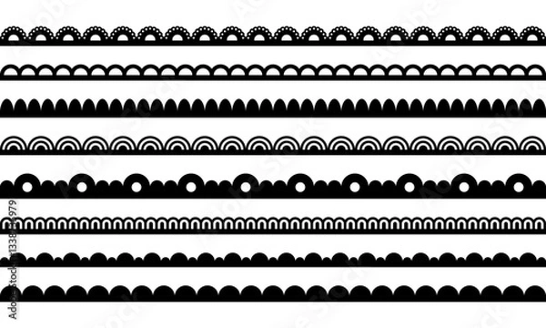 Obraz Lace border with scallop. Edge pattern for frame. Stripe of fabric with ornament. Black vector set of lines isolated on white background.