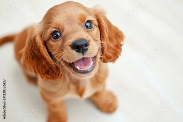 Fototapeta Happy golden cocker spaniel puppy sitting indoors with a joyful expression and soft lighting