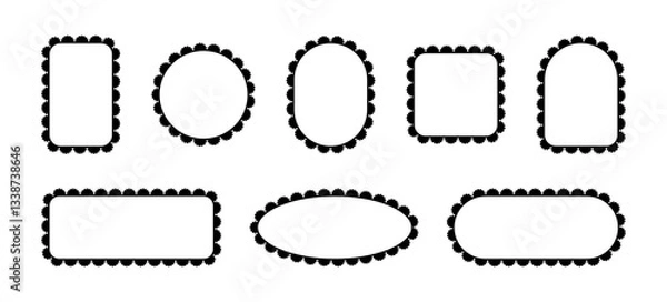 Obraz Borders of frames with scallops. Lace patterns in square, rectangle and circle shapes. Vector set with ornaments of different geometric shapes isolated on white background.