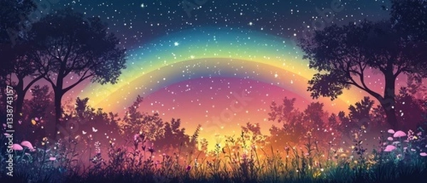 Obraz Enchanted Forest Under a Celestial Rainbow with Sparkling Stars and Dreamy Atmosphere for Stock Photo Use