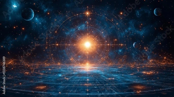 Fototapeta Futuristic Astrological Chart with Planetary Orbits and Glowing Center. Generative AI