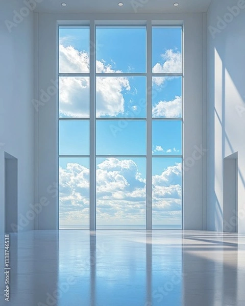 Fototapeta Bright Interior with Large Window Offering a View of Sky and Clouds in a Minimalist Style with Natural Light and Clean Lines
