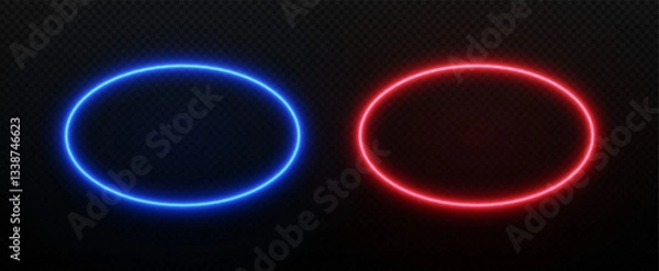 Obraz Neon light oval frame. Ellipse border with led glow. Vector fluorescent laser effect in blue and red color.
