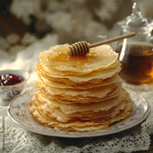 Fototapeta A neatly stacked tower of thin, golden Russian blini (crepes) arranged evenly on an elegant porcelain plate. Warm, golden honey is generously drizzled on top, with a delicate lace tablecloth.