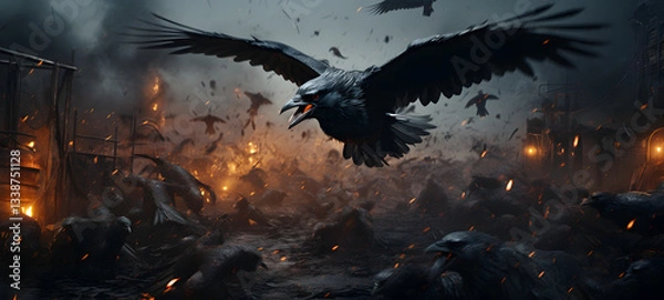 Fototapeta epic crow battle in dark, ai generative