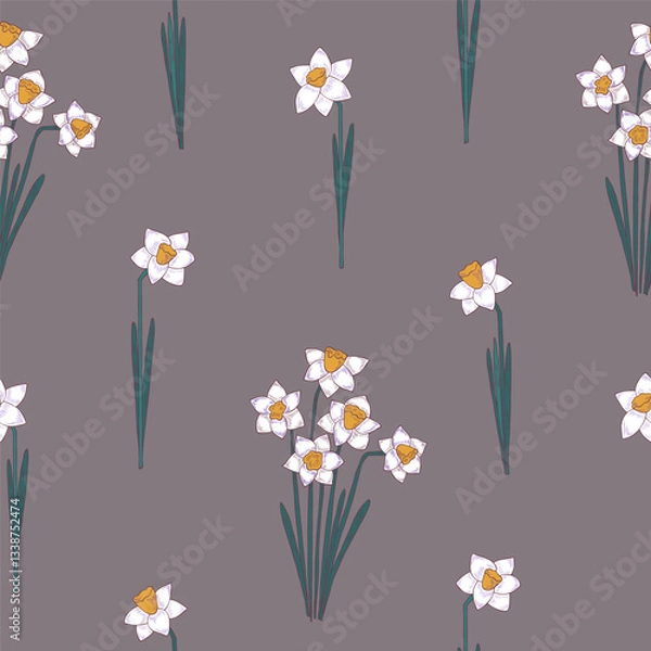 Fototapeta Daffodil seamless pattern. Springtime motif. Narcissus bouquet. Good for background, fabric, backdrop, paper, wrapping or cover