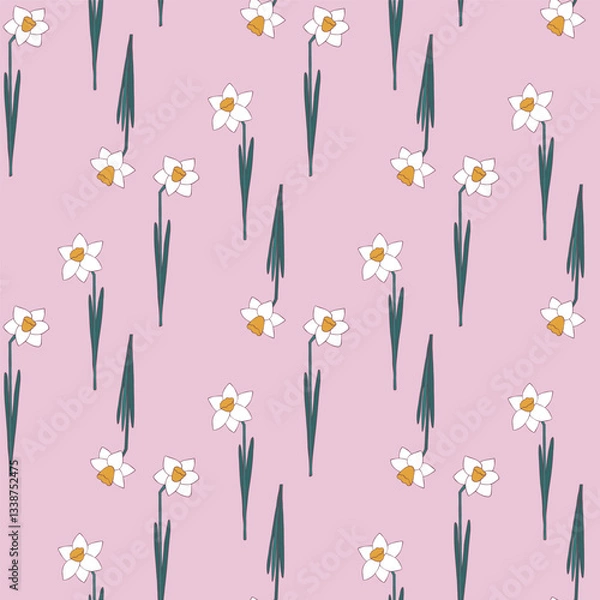 Fototapeta Daffodil seamless pattern. Springtime motif. Narcissus bouquet. Good for background, fabric, backdrop, paper, wrapping or cover