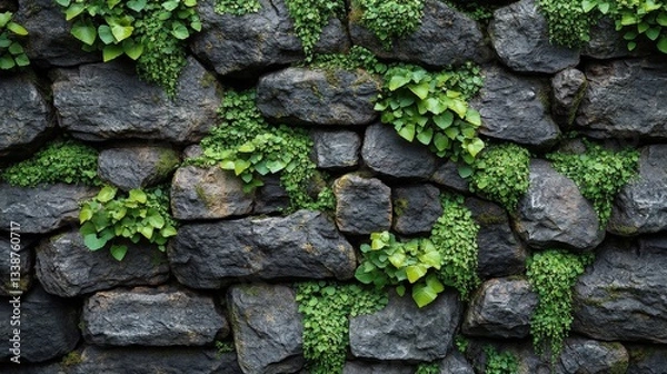 Obraz Rustic Stone Wall Covered With Green Plants Under Bright Daylight