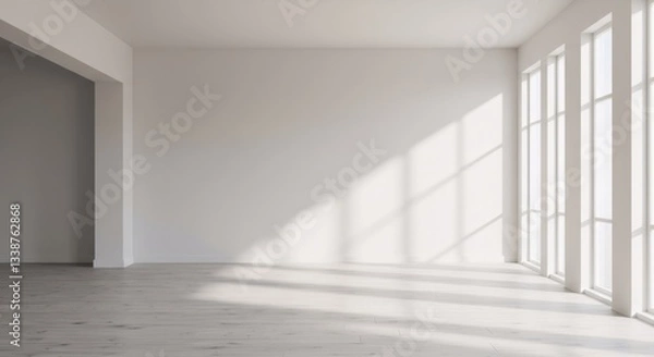 Fototapeta Empty white room interior with large windows and sunlight. Minimalist architecture design. Clean modern space for office, apartment, or gallery. Real estate concept