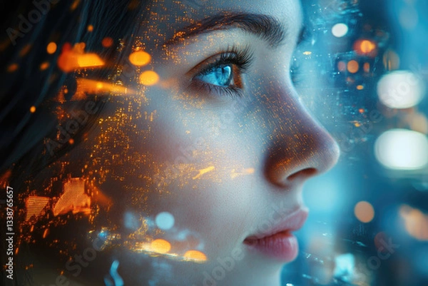 Obraz Close-up of a young female scientist with blue eyes, wearing a futuristic augmented reality visor, analyzing complex digital medical data, symbolizing artificial intelligence in healthcare