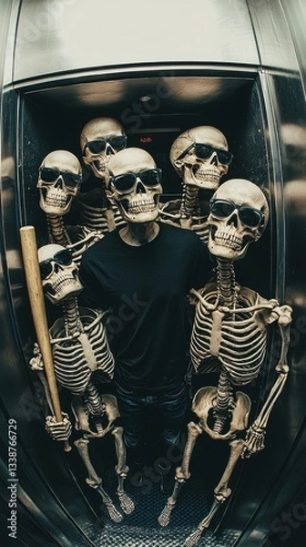 Fototapeta Skeleton Crew in Elevator with Sunglasses