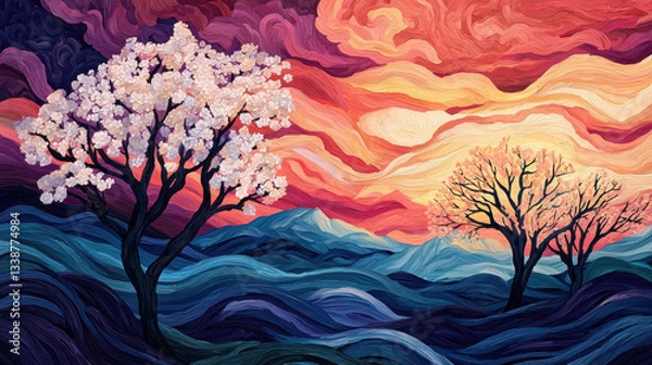 Fototapeta vibrant landscape featuring abstract trees with blossoms against colorful sunset sky, evoking sense of tranquility and beauty