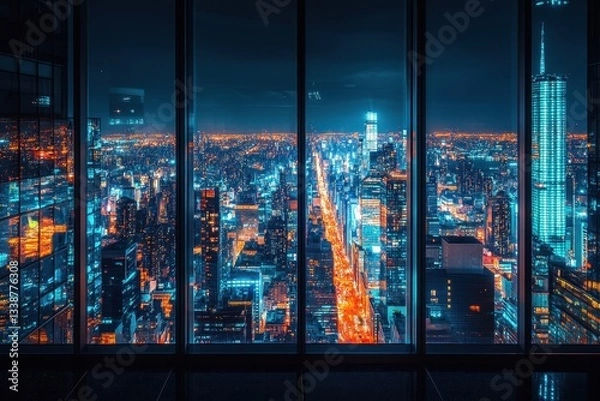 Fototapeta Stunning Nighttime Cityscape View from Skyscraper Window Overlooking Vibrant Urban Lights and Skyline