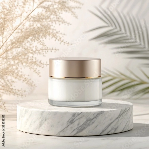 Obraz Elegant blank Cream Jar on Marble Pedestal, Perfect for Skincare Product Presentation