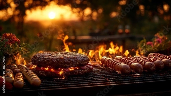 Fototapeta A rustic BBQ grill with burgers and hot dogs cooking over open flames during a golden sunset. Generative AI