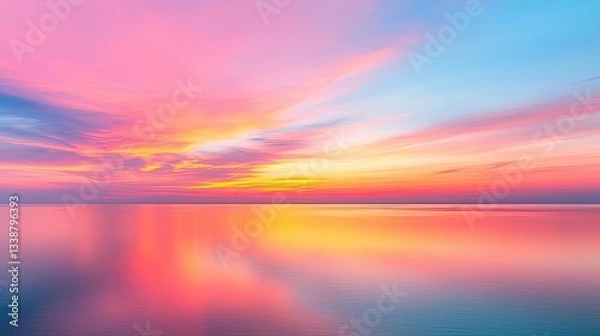 Fototapeta Sunset over ocean landscapes idea. A vibrant sunset reflecting on calm waters, painted in hues of pink and blue.