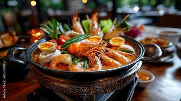 Fototapeta Imagine the tantalizing aroma wafting from this sizzling hot plate, a culinary masterpiece This Thai-style Tom Yum seafood stir-fry is a symphony of flavors, an explosion of zest and spice Plump